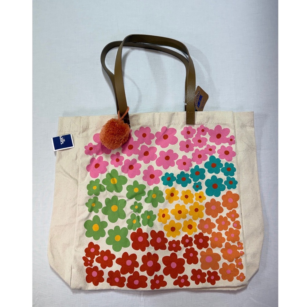 Piccolo‎ Recycled Cotton Floral Canvas Tote Bag Pom Pom Charm Cream Multi
